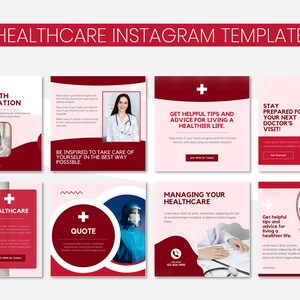 May include: A set of nine Instagram post templates for healthcare providers. The templates feature a red and white color scheme with a medical cross symbol and text that includes "Health Information", "Healthcare", "Get Helpful Tips", "Stay Prepared", "Managing Your Healthcare", and "Register Online".