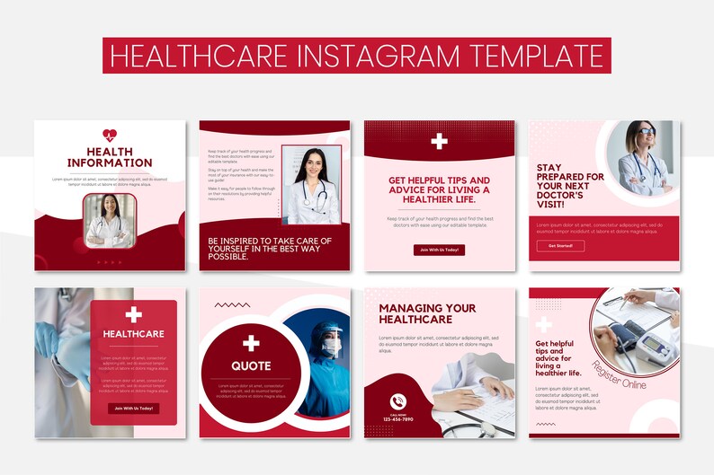 May include: A set of nine Instagram post templates for healthcare providers. The templates feature a red and white color scheme with a medical cross symbol and text that includes "Health Information", "Healthcare", "Get Helpful Tips", "Stay Prepared", "Managing Your Healthcare", and "Register Online".