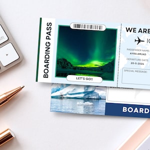 Biglietto regalo a sorpresa per il viaggio in Islanda Stai andando in Islanda Modello di carta d'imbarco modificabile Biglietto aereo personalizzabile Canva Stampabile BP-159