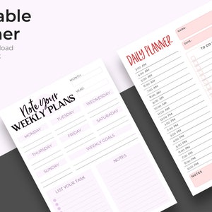 Puede incluir: Planificador imprimible con un dise&ntilde;o de planificador semanal y diario. El planificador semanal tiene secciones para el lunes al domingo, con espacio para notas y objetivos semanales. El planificador diario tiene secciones para franjas horarias de 3:00 AM a 9:00 PM, una lista de tareas y un rastreador de ingesta de agua.