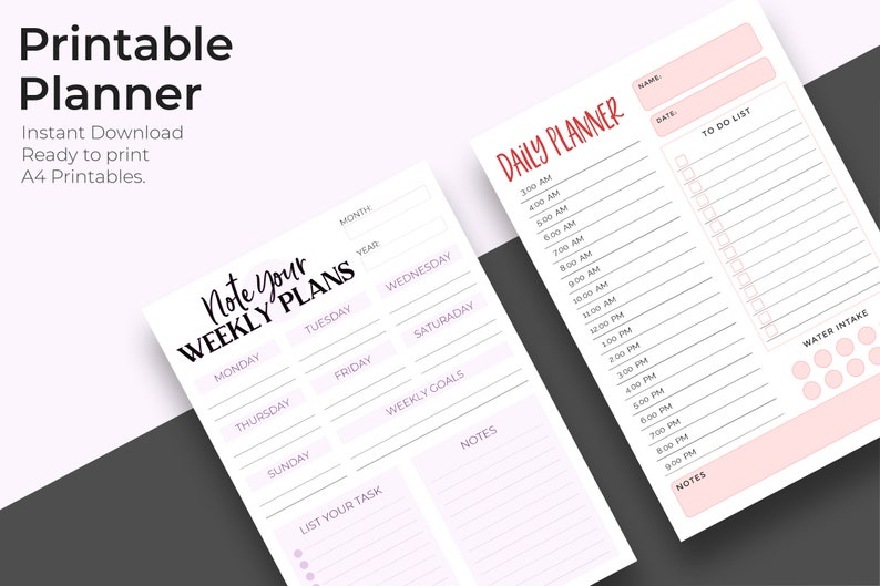 Puede incluir: Planificador imprimible con un dise&ntilde;o de planificador semanal y diario. El planificador semanal tiene secciones para el lunes al domingo, con espacio para notas y objetivos semanales. El planificador diario tiene secciones para franjas horarias de 3:00 AM a 9:00 PM, una lista de tareas y un rastreador de ingesta de agua.