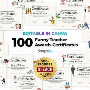 100 divertenti certificati di premiazione per insegnanti modificabili in Canva, divertenti certificati per la settimana di apprezzamento degli insegnanti con superlativi divertenti per insegnanti
