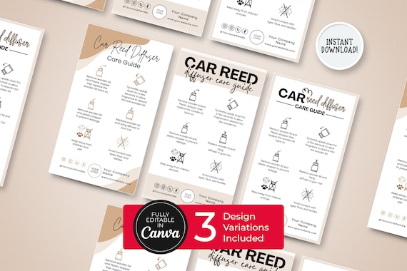 Car Reed Diffuser Care Guide Template: Printable Canva Instructions (Digital Download)
