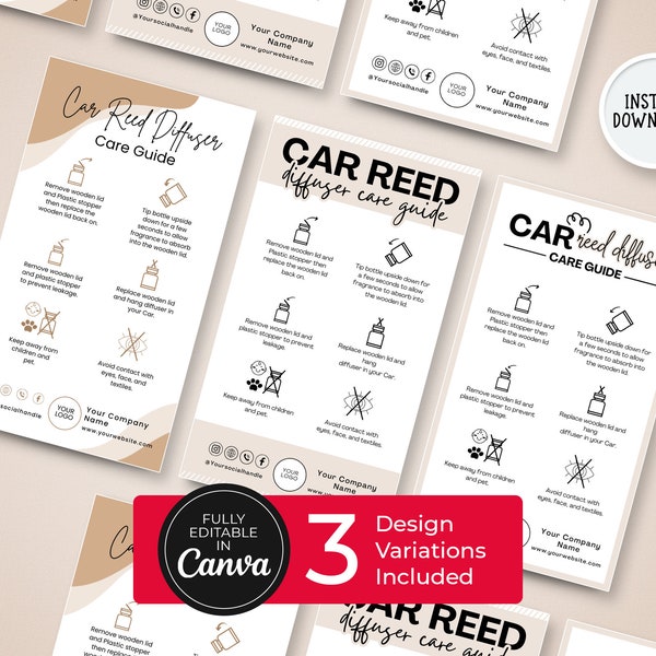 Car Reed Diffuser Care Guide Template, Printable Car Diffuser Care Guide, Car Diffuser Care Card Instant Download, Care Guide, CC-31-SB