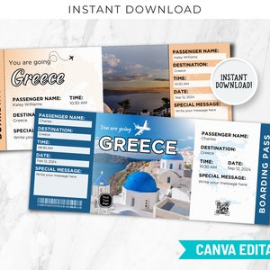 Biglietto regalo a sorpresa per viaggio in GRECIA stampabile, biglietto d'imbarco Grecia modificabile, modello di biglietto d'imbarco, biglietto di viaggio personalizzato, biglietto per le vacanze BP-103