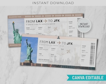 New York Boarding Pass Template Canva Editable, Printable Fake Plane Airline Ticket, Surprise Vacation Holiday Travel Voucher Birthday Gift