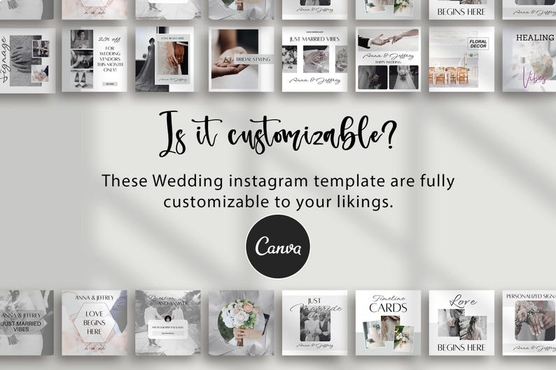 以下が含まれることがあります： さまざまなデザインのウェディングInstagramテンプレートのコレクションで、「Is it customizable?」と「These Wedding instagram template are fully customizable to your likings」というテキストが表示されています。 Canvaのロゴも表示されています。