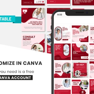 May include: A digital phone screen displaying a grid of 12 red and white social media posts with text about healthcare. The text includes "Consult Now!" and "Make Managing Healthcare Simpler for You".