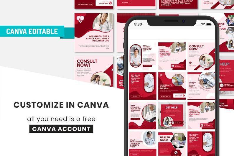 May include: A digital phone screen displaying a grid of 12 red and white social media posts with text about healthcare. The text includes "Consult Now!" and "Make Managing Healthcare Simpler for You".