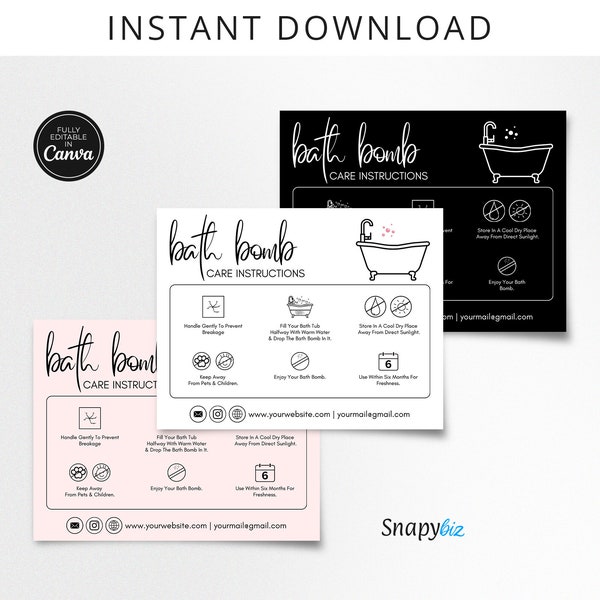 Editable Bath Bomb Care Card, Printable Bath Bomb Instructions Guide PDF, Bath Bomb Small Business DIY Insert Card, Canva Templates