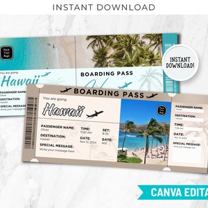 Plantilla de boleto de regalo de viaje sorpresa a Hawái imprimible, boleto de embarque sorpresa a Hawái imprimible y editable, viaje a Hawái, BP-99