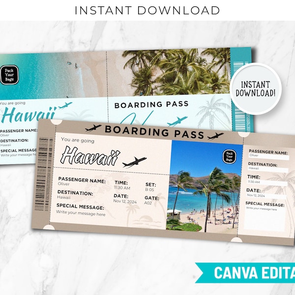 Printable Hawaii Surprise Trip Gift Ticket Template, Printable and Editable Hawaii Surprise Boarding Pass Ticket, Travel To Hawaii, BP-99