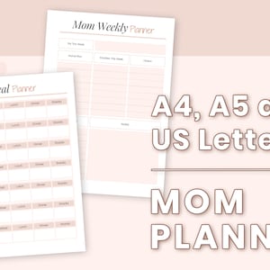 Op de afbeelding: Printbare weekplanner in A4, A5 en US Letter formaten. De planner bevat een sectie voor maaltijdplanning met kolommen voor ontbijt, lunch, diner en snacks voor elke dag van de week. De planner bevat ook een sectie voor takenlijsten, afspraken en andere notities.