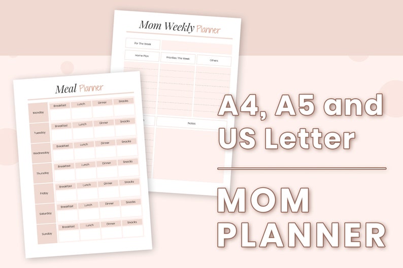 Op de afbeelding: Printbare weekplanner in A4, A5 en US Letter formaten. De planner bevat een sectie voor maaltijdplanning met kolommen voor ontbijt, lunch, diner en snacks voor elke dag van de week. De planner bevat ook een sectie voor takenlijsten, afspraken en andere notities.