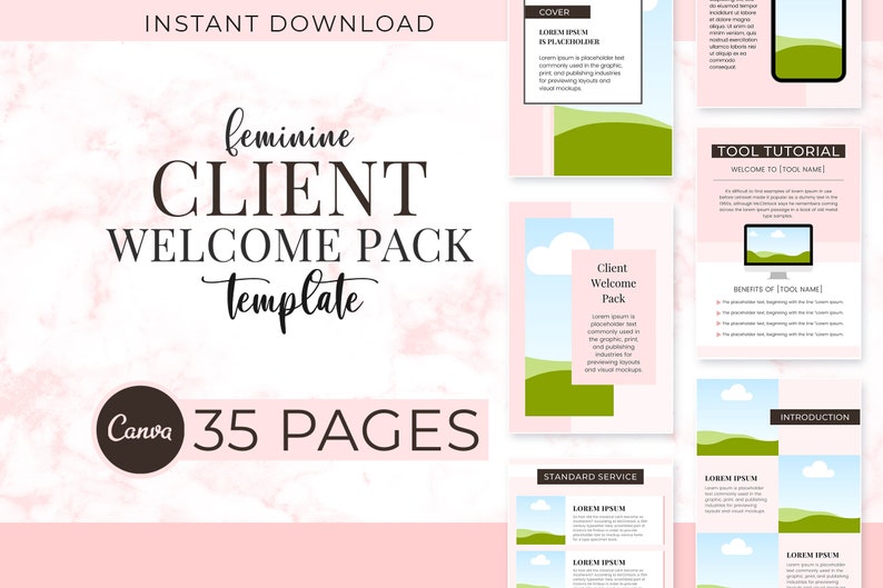 Pink marble themed product mockup for a feminine Client Welcome Pack template. Large cover reads INSTANT DOWNLOAD, feminine CLIENT WELCOME PACK template, and Canva 35 PAGES in a badge. On the right, layered preview pages show sections like cover, tool tutorial, introduction, standard service, and a client welcome pack page with pastel blocks, cloud icons, and green hills. Clean, modern layout for editable Canva onboarding, service guide, and proposal use. Ideal for coaches, salons and creatives.