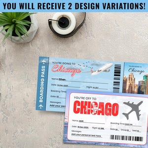 Carta d'imbarco, modelli modificabili di biglietti aerei di Chicago Canva, viaggio a sorpresa stampabile, invito regalo per biglietto aereo
