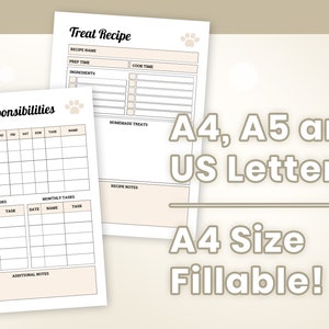 Puede incluir: Planificador imprimible de responsabilidades de perros y recetas de golosinas en tama&ntilde;o A4. El planificador incluye secciones para tareas semanales y mensuales, golosinas caseras y notas de recetas.