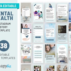 Pode incluir: Um conjunto de 38 modelos Canva editáveis para histórias do Instagram, com o tema da saúde mental. O design apresenta um esquema de cores azul claro e branco, com texto e gráficos. As palavras "Mental Health" e "Instagram Story Template" são visíveis.
