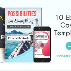 May include: Ten ebook cover templates for Canva, featuring a blue and white cover with the text "Possibilities are Everything" and a photo of a boat on the water. The text "The path of Motivation" is also included on the cover. The author's name is "Elizebeth Stark".