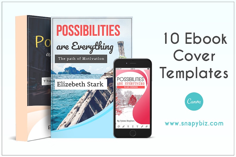 May include: Ten ebook cover templates for Canva, featuring a blue and white cover with the text "Possibilities are Everything" and a photo of a boat on the water. The text "The path of Motivation" is also included on the cover. The author's name is "Elizebeth Stark".