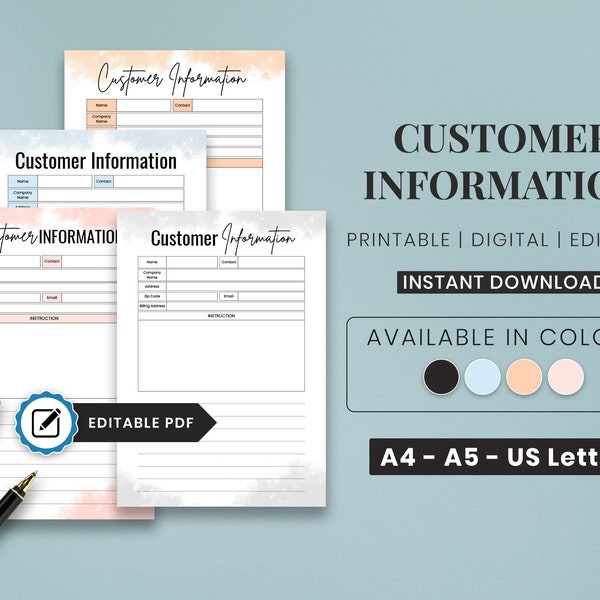 Printable Customer Information Sheet | Direct Sales Planner | Client Info Sheet | Customer Planner | Client Record Form