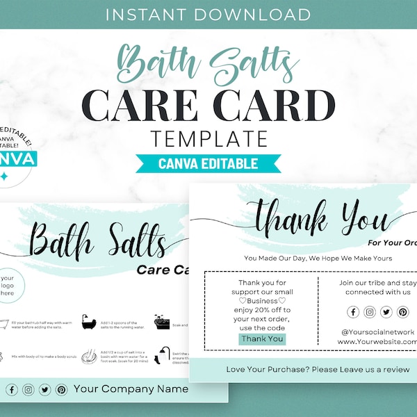 Minimal Bath Salts Care Instructions Business Card Printable Bath Salts Care Card Editable Template Custom Salts Care Guide For Business