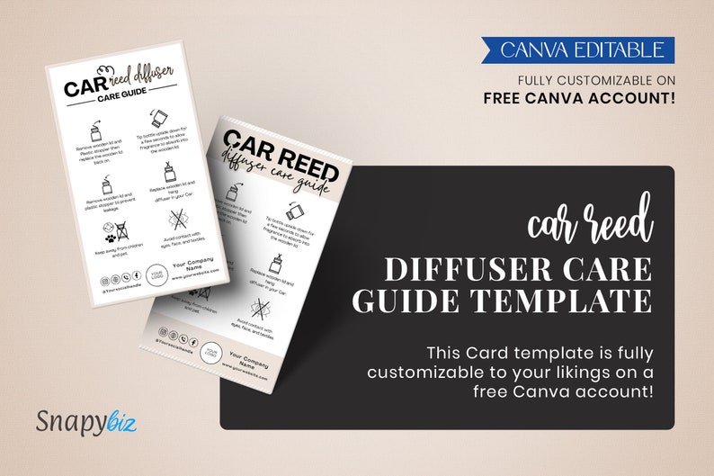 May include: A black and white printable template for a car reed diffuser care guide. The template includes instructions on how to use and care for the diffuser, as well as a company logo and contact information. The template is fully customizable on Canva.