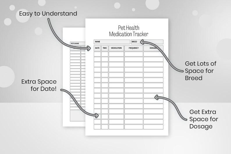 May include: Printable pet health medication tracker with columns for pet's name, date, time, medication, frequency, and dosage. The tracker has a simple design and is easy to understand.