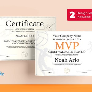Editable Volleyball Award Certificate, Volleyball Awards, Volleyball End Of Season Awards, Volleyball Team Party, Volleyball Season Awards