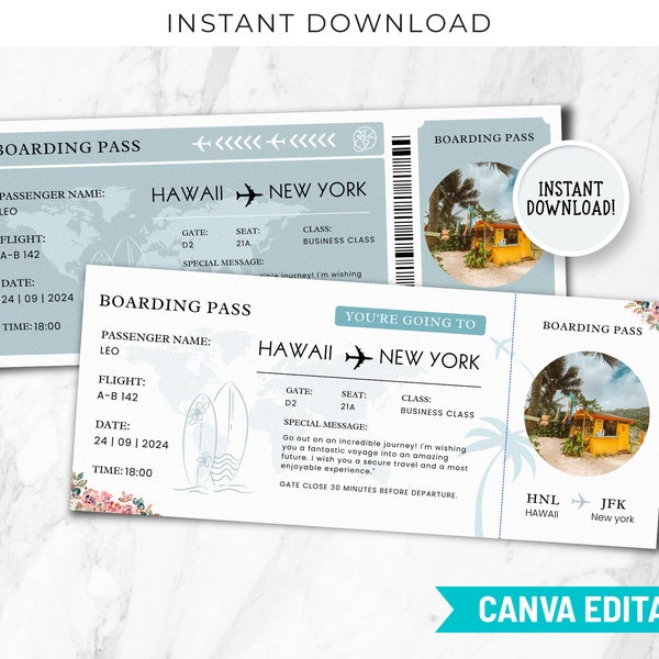 Printable and Editable Hawaii Surprise Boarding Pass Ticket, Trip Ticket to Hawaii, Vacation ticket , Editable Canva Template, BP-66