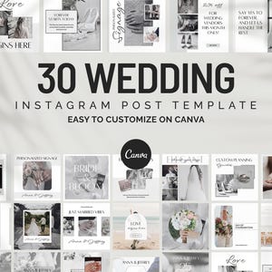 以下が含まれることがあります： Canvaで簡単にカスタマイズできる、30個のウェディングInstagram投稿テンプレートのコレクション。デザインは、花嫁、指輪、フラワーアレンジメントなど、結婚式に関連する白黒写真、テキスト、グラフィックが特徴です。