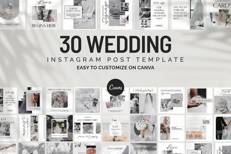 以下が含まれることがあります： Canvaで簡単にカスタマイズできる、30個のウェディングInstagram投稿テンプレートのコレクション。デザインは、花嫁、指輪、フラワーアレンジメントなど、結婚式に関連する白黒写真、テキスト、グラフィックが特徴です。