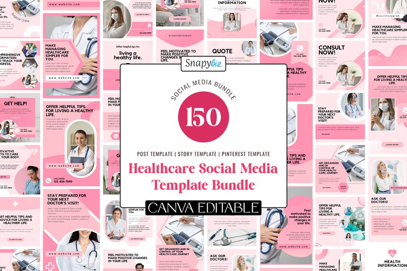 May include: A collection of pink and white social media templates for healthcare professionals. The central graphic features the text Snapybiz, 150, Social Media Bundle, Post Template, Story Template, Pinterest Template, and Healthcare Social Media Template Bundle.