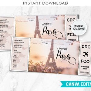 Modèle imprimable de carte d'embarquement pour Paris, imprimable et modifiable Carte d'embarquement surprise pour Paris Billet de voyage en France Vacances à Paris