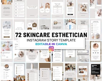 Può includere: Una raccolta di 72 modelli di storie Instagram per estetiste, modificabili in Canva. I modelli presentano vari consigli, routine e sezioni di domande e risposte per la cura della pelle. La tavolozza dei colori è neutra con toni beige, bianchi e marroni.
