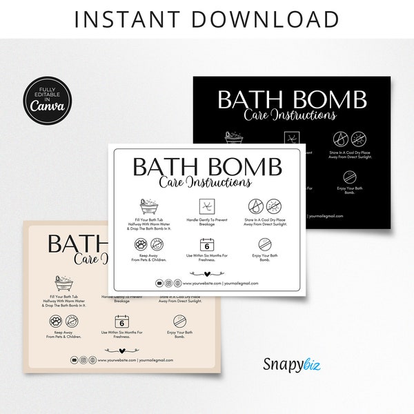 Editable Bath Bomb Care Card Template, Printable Bath Bomb Instructions Guide PDF, Bath Bomb Small Business DIY Insert Card, Canva Templates