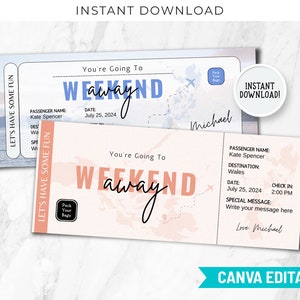 Editable Weekend Away Ticket Printable Template, Custom Weekend Away Coupon, Birthday Weekend, Weekend Itinerary, Weekend Getaway Trip BP-95