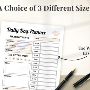 Puede incluir: Un planificador diario para perros imprimible con secciones para comidas y golosinas, una lista de tareas, notas de entrenamiento y un horario del d&iacute;a de la semana. El planificador tiene un dise&ntilde;o de huella de pata y el texto "Daily Dog Planner" en la parte superior.