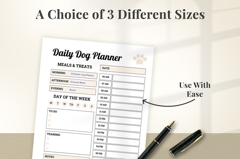 Puede incluir: Un planificador diario para perros imprimible con secciones para comidas y golosinas, una lista de tareas, notas de entrenamiento y un horario del d&iacute;a de la semana. El planificador tiene un dise&ntilde;o de huella de pata y el texto "Daily Dog Planner" en la parte superior.