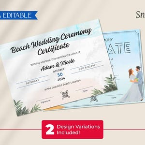 Strand Hochzeit Zeremonie Zertifikat Vorlage, druckbare Strand Zeremonie Zeichen, Seaside Beach Tropisch Heiratsurkunde, Tropischer Sommer