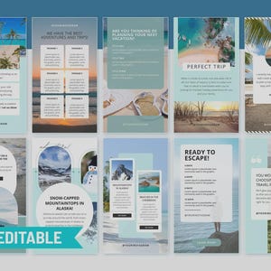May include: A collection of Canva-editable Instagram templates with travel themes. The templates feature images of beaches, mountains, and sunsets, with text overlays promoting adventures and vacations. The templates are in shades of blue, white, and teal.