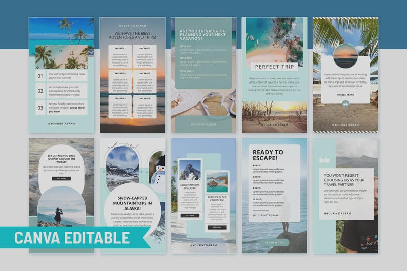 May include: A collection of Canva-editable Instagram templates with travel themes. The templates feature images of beaches, mountains, and sunsets, with text overlays promoting adventures and vacations. The templates are in shades of blue, white, and teal.