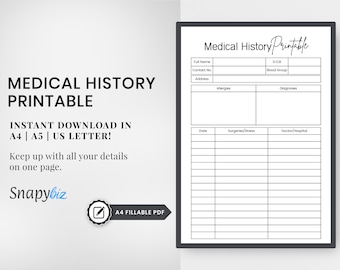 Medical History Printable | Fillable PDF Health Record | Personal Medical Information Form | Instant Digital Download