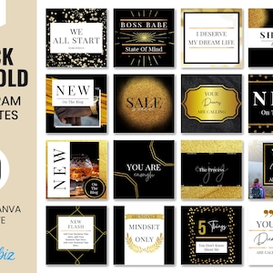 Schwarz-Gold Instagram-Vorlagen, bearbeitbare Canva-Vorlagen, Elegante Instagram-Vorlagen, Luxus-Branding, Schwarz-Goldästhetik, mutiges Design