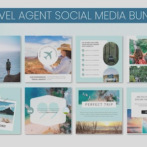 May include: A social media bundle for a travel agent, featuring eight square graphics with travel-themed images and text. The graphics include phrases like "Ready to Escape!" and "Explore!" in a light blue and white color scheme.