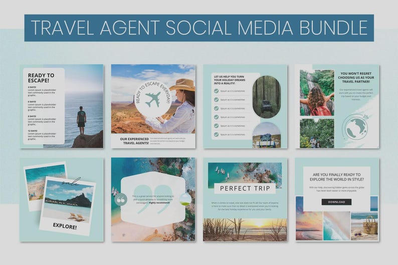 May include: A social media bundle for a travel agent, featuring eight square graphics with travel-themed images and text. The graphics include phrases like "Ready to Escape!" and "Explore!" in a light blue and white color scheme.
