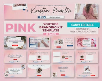 May include: Pink YouTube branding kit template with 17 pages. Includes Canva editable elements. Features the name "Kristin Martin" and social media icons. Includes templates for YouTube thumbnails and banners.