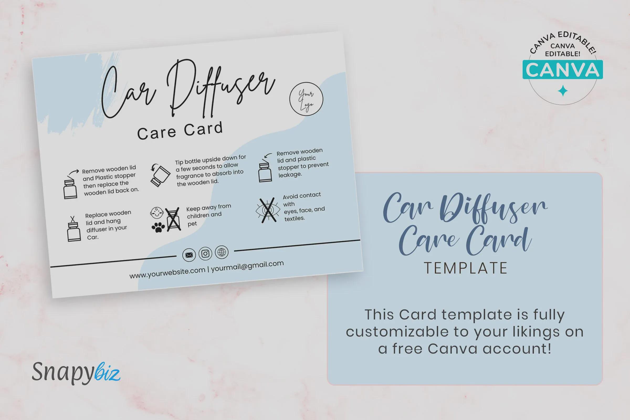 Editable Car Diffuser Care Card Template, Care Instructions for Oil ...