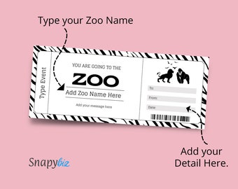 Zoo Gift Ticket Editable Template, Zoo Certificate, Printable Zoo Coupon Voucher Gift Card Template, Zoo Ticket Birthday Personalized Gift