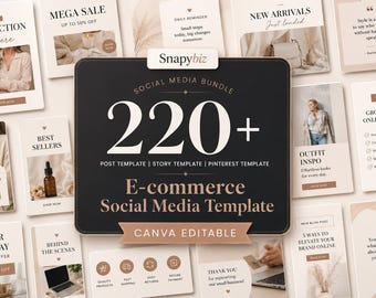 Peut inclure: Un ensemble de modèles numériques pour réseaux sociaux comprenant plus de 220 designs Canva modifiables. Le panneau central noir affiche le texte Snapybiz, 220+, Social Media Bundle, Post Template, Story Template, Pinterest Template et E-commerce Social Media Template.